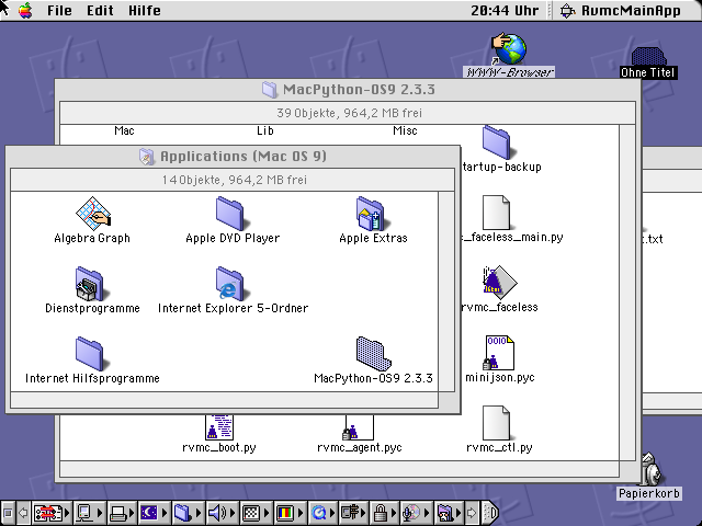 rvmc's in-guest agent present on a Mac OS 9 system — the assistant can act from inside even a 2001-era machine, over a channel the artwork can never reach.