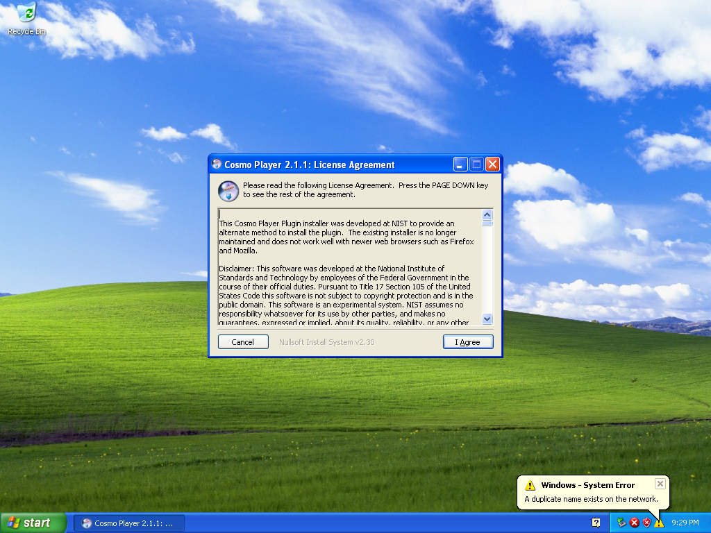 Installing the period Cosmo Player 3D plugin inside Windows XP during the VRML conservation work — a dependency the artwork cannot run without.