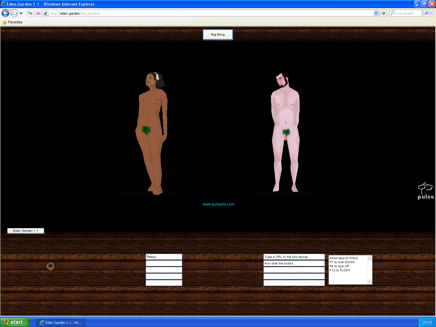 Eden.Garden (2001) running again inside Windows XP with Internet Explorer and the Pulse3D plugin — the restored work as exhibited.