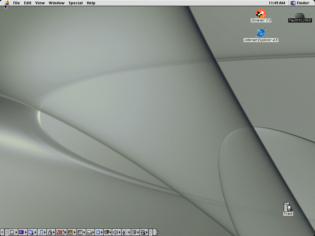 A Mac OS 9.2 golden desktop on emulated PowerPC — now driven by an in-guest agent (a small helper program inside the virtual machine that the workbench can talk to), written in the era's MacPython.