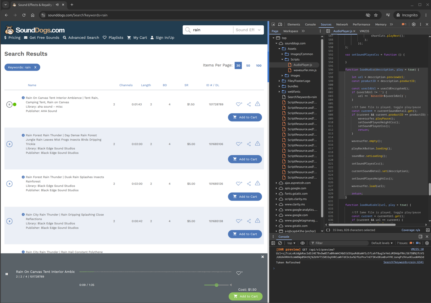 Tracing a work's live network requests — the kind of forensic observation that reveals which dead services a piece depends on.